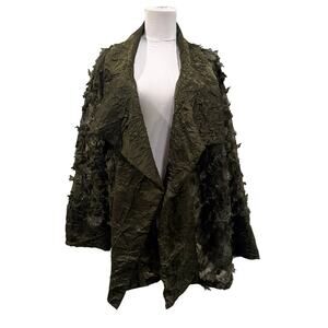 Dark Green Textured Open Front Sheer Jacket Avant Garde Lagenlook 2XL Handmade